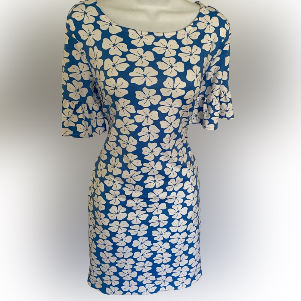 Sailor Sailor Floral Blue  White Dress - XS blue white , poly spandex.